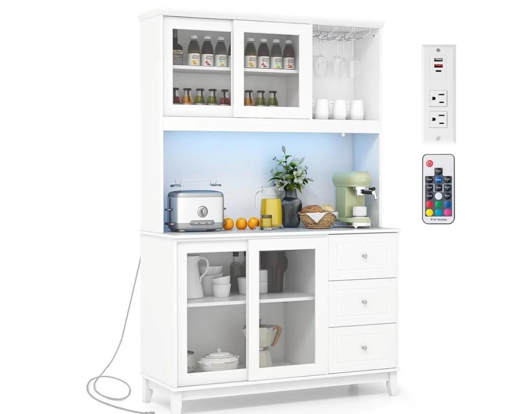 Kitchen Pantry Storage Cabinet, Buffet Hutch Cabinet with LED Lights & Power Outlet, Kitchen Sideboard w/Wine Glass Racks, Countertop, Adjustable Shelves, Drawers for Dining Room (White