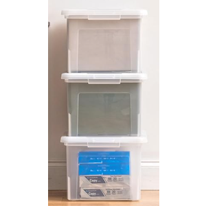 IRIS USA File Box, Plastic File Organizer with Lids for Letter/Legal File, Portable Document Box For Moving, Storage Bin with Durable and Secure Lid, Stackable Nestable BPA-Free, Clear 35 Qt. 4 Pack
