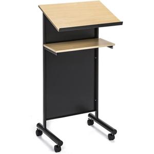 Audio-Visual Direct Wheeled Lectern - Standing Desk with Storage Shelf - Beech/Black - Ideal for Presentations and Laptop Use