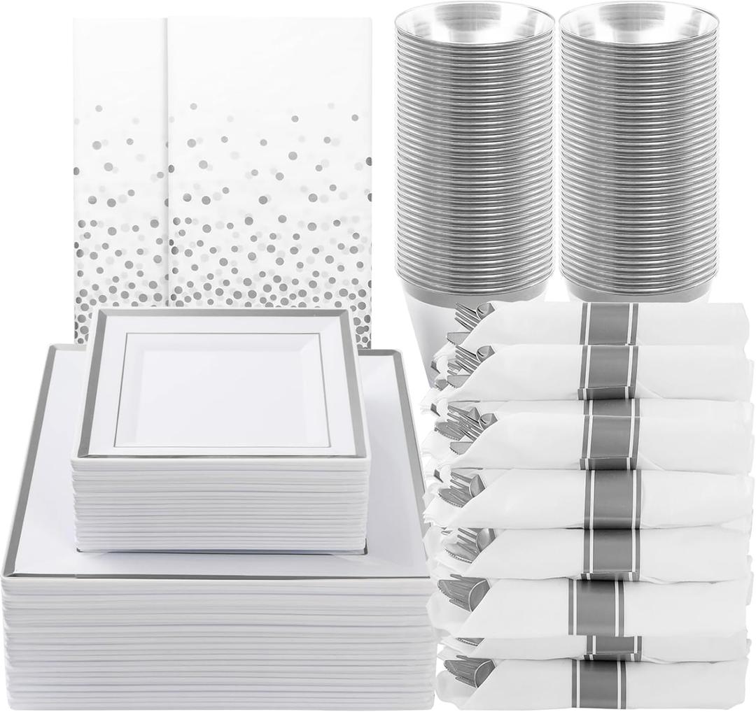 Goodluck 352 Pieces Silver Dinnerware Set for 50 Guests, Square Plastic Plates with Silver Trim, Include: 100 Plastic Plates, 50 Rolled Napkins, 50 Cups, 50 Cutlery Set and 2 Tablecloth