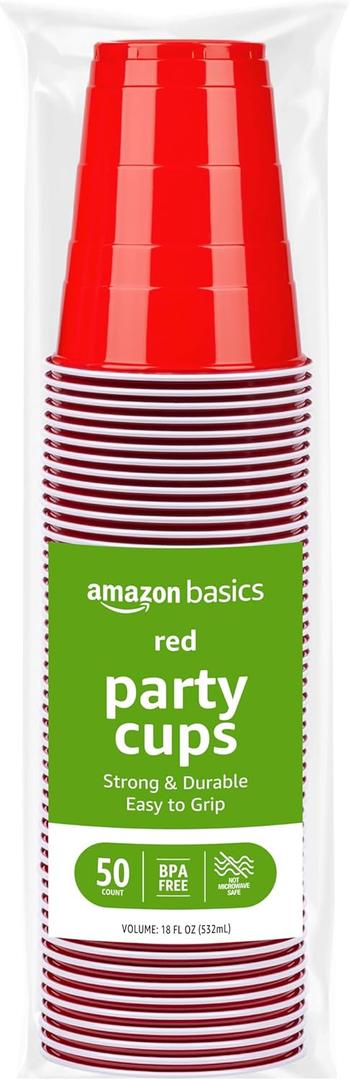 Amazon Basics Disposable Plastic Party Cups, Red, 18oz, 50 Count
