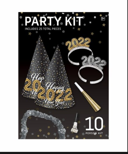 Party Kit with Hats, Tiaras, Blowouts, Noise Makers & Necklaces, Black/Gold, 10 Person Pack, for New Year's Eve
