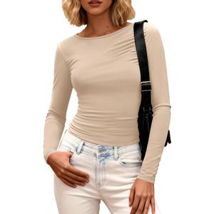 BTFBM Womens Tops 2025 Fall Clothes Long Sleeve T Shirts Boat Neck Ruched Slim Fit Casual Stretchy Going Out Outfits (Beige, S)
