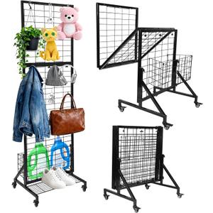 Foldable Grid Wall Panels, Gridwall Panels with Folding Baskets, Tool-Free Assembly and Folding, for Storage and Retail Merchandise Display (Black)
