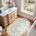 Jinchan Floraison Floral Oval Rug for Entryway 3x5 Washable Oriental Flower Design Soft Non Slip Lightweight Low-Pile Chinoiserie Throw Carpet for Bedroom Living Kitchen Room Home Blue/Pink