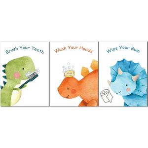 2 x Hwetui Bathroom Canvas Wall Art Funny Dinosaur Posters Set of 3 - Brush Your Teeth, Wash Your Hands Painting - Fun Kids Room Decor Canvas Prints for Toddlers Nursery 12x16Inch Unframed (16L" x 12W")