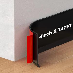 Wall Baseboard Trim 4 Inch x 147 FT, Vinyl Baseboard Peel and Stick Design, Flexible and Self-Adhesive Rubber Baseboard Protector for Wall - Black