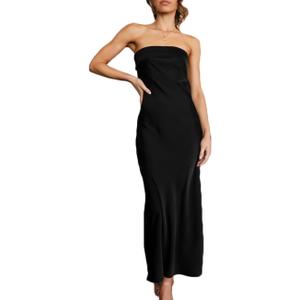 Realtix Satin Silk Backless Tube Tops Maxi Dress for Women Low Back Hollow Out Elegant Strapless Long Dresses Wedding Guest L