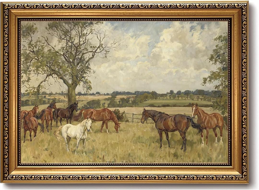 Vintage Gold Framed Horse Wall Art, English Countryside Print, 16x24 Inch
Ornate Impressionist Canvas, English Countryside Grazing Horses, 16x24 Wall Art for Home Office, Study or Reading Room