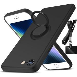 for iPhone SE 2022/2020 Case,iPhone 8/7 Case,with 360Rotatable Ring Holder Kickstand & Strap Lanyard Liquid Silicone Slim Protective Case for iPhone SE3/SE2/8/7,Black 2.92