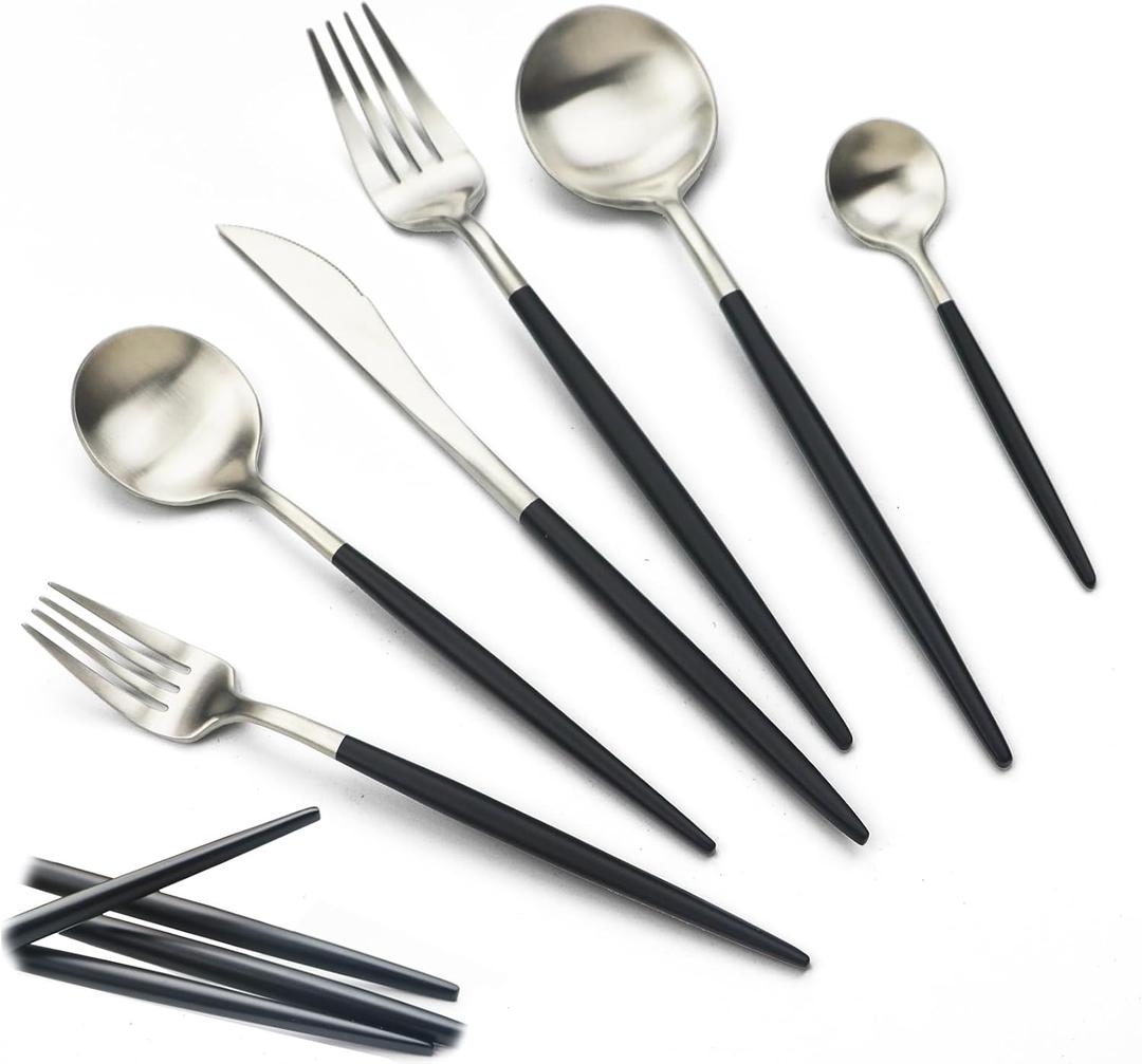 JASHII 18/10 Black Handle Flatware Silver Silverware Set 304 Stainless Steel Flatware Cutlery Set| 24-Piece Adaline Royal Modern Satin Finish| BEST Birthday Wedding Gift (Black Handle Silver 4 Sets) (Service for 4)