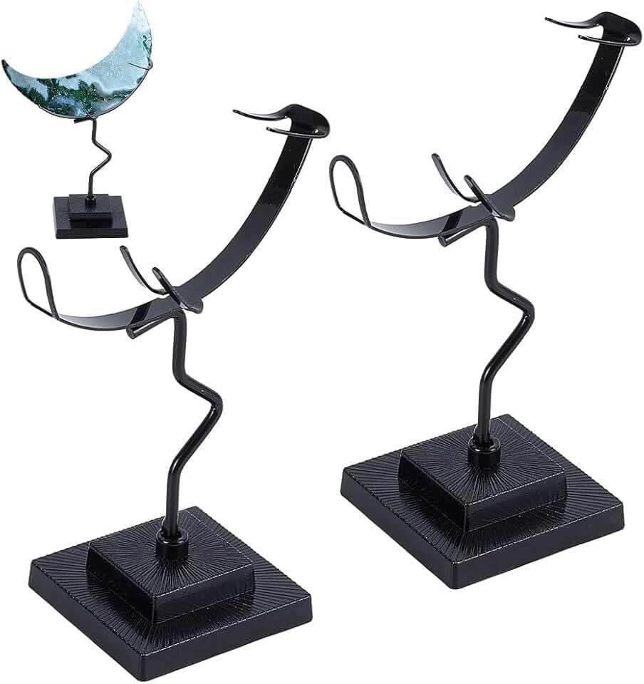 WEBEEDY 2 PCS Moon Shaped Crystal Holder Small Crystal Display Stand with Base Gemstones Holder Black Display Stand for Home Office Shop Studio Decoration Birthday Gift,12.2cm/4.8 inch Height