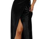 MEROKEETY Women's V Neck Wrap Velvet Maxi Wedding Guest Dress Bell Sleeve Split Bridesmaid Cocktail Party Formal Dresses (Medium, Black)
