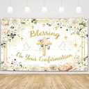 MEHOFOND Blessing On Your Confirmation Backdrop, White Floral Confirmation Decorations Banner with Gold Cross Dove, First Holy Communion Christening Party Photo Booth 6x3.6ft