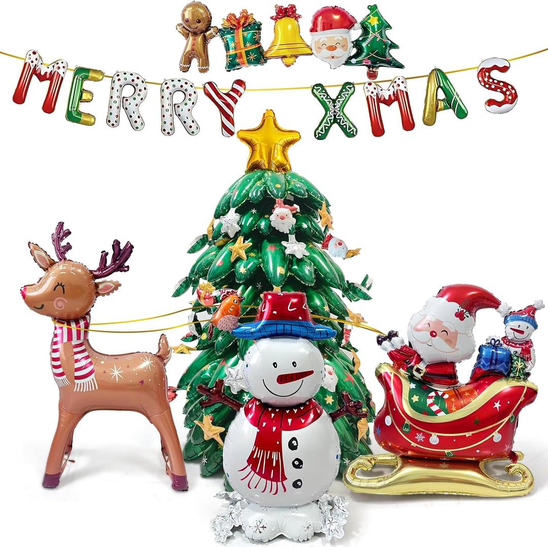 Christmas Balloons for Decorations with Christmas Tree Balloons, Xmas Letters, Santa Claus, Snowman, Gingerbread Foil Balloon for Xmas Themed Holiday Party Decor Supplies