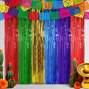 Day of The Dead Backdrop Decoration 20 x 6.6 ft Dia De Los Foil Fringe Curtains Backdrop Mexican Papel Picado Banner Streamer Day of The Dead Party Decoration para Fiesta Background Decor