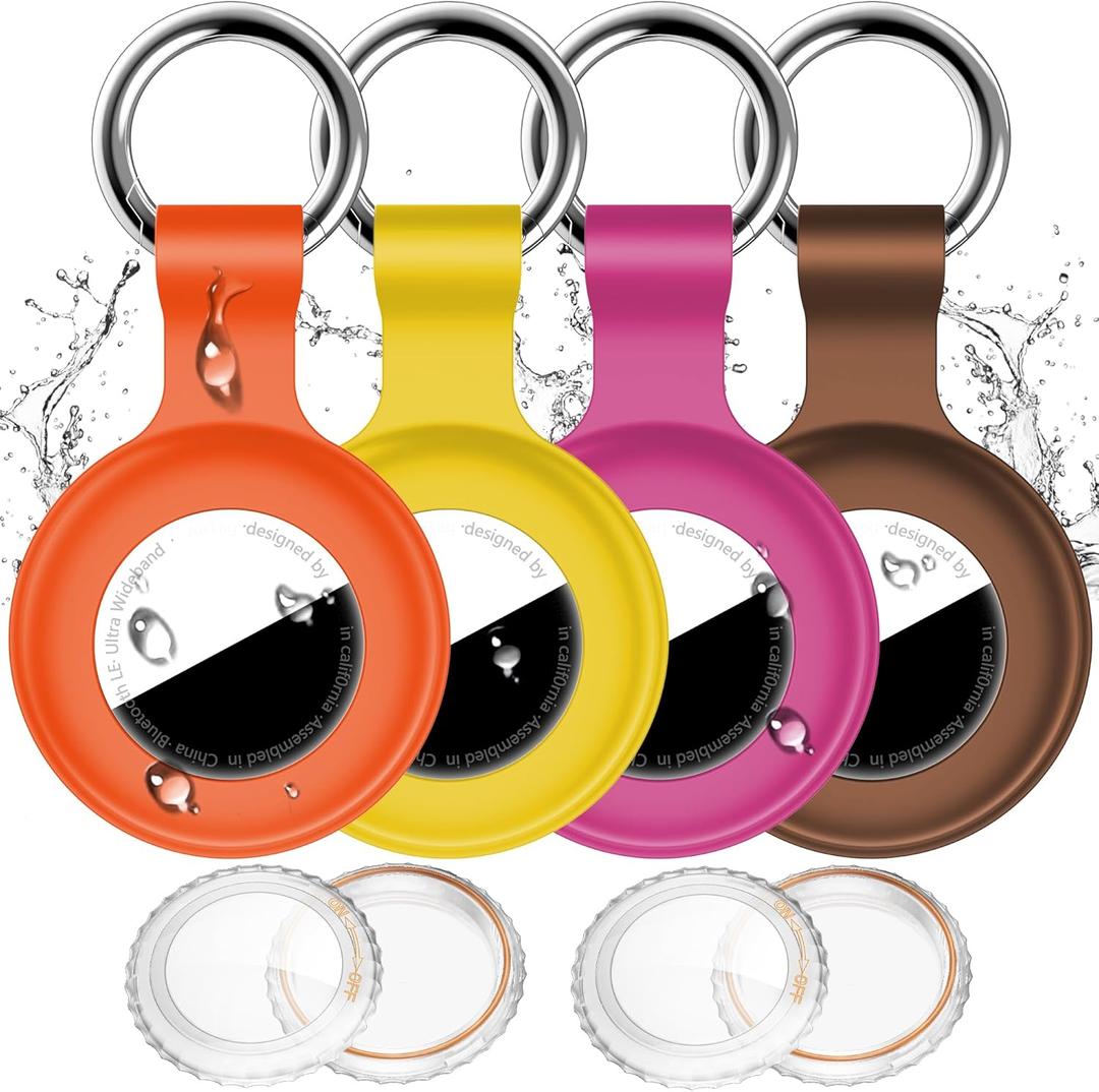 2 x 4 Pack Compatible with Apple Airtag Holder with Keychain,IPX8 Waterproof GPS Cover for Air-Tags Shockproof [Anti-Scratch] Item Finders Case for Pets,Kids,Luggage-Yellow+Brown+Orange+Rosered