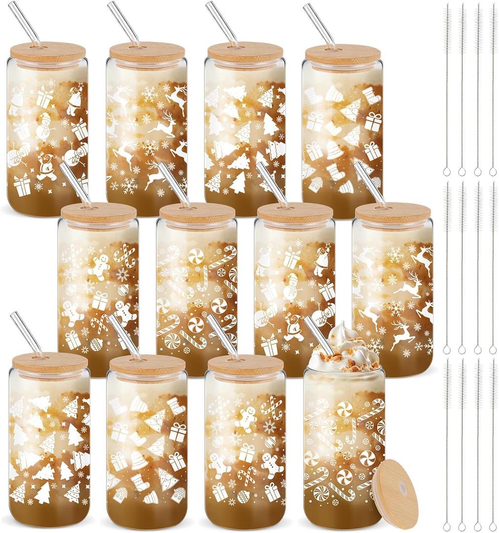 Acellegic 12 Set Holiday Christmas Glass Cups Gift 16Oz Winter Drink Glasses with Lid Straw Santa Iced Coffee Glass Tumbler Gift for Holiday New Year Women Coworker Employee Appreciation (White)