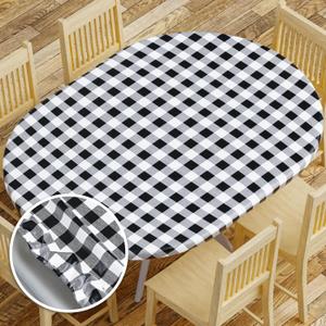 Sorfey Vinyl Fitted Tablecloth Cover, Checke Design, Flannel Backed Lining Fits Tables Up-to 48x68 Oval/Oblong Black