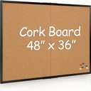 Board2by Cork Board Bulletin Board 36 x 48, Black Wood Framed 4x3 Corkboard, Foldable Office Board for Wall Decor, Large Wall Mounted Notice Pin Board with 36 Push Pins for School, Home & Office