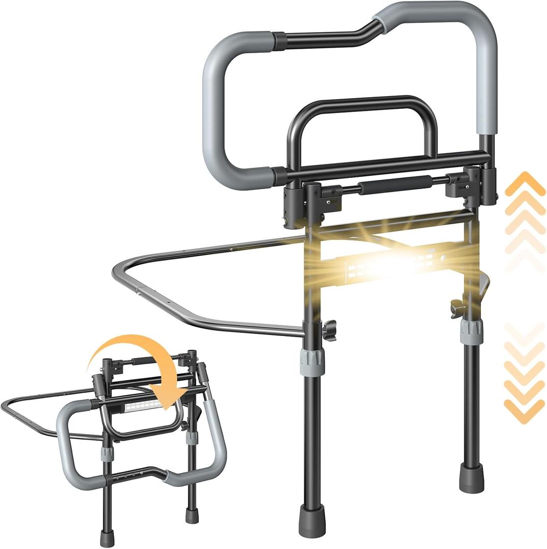 Bed Rails for Elderly Adults Safety, Foldable Bed Assist Rails for Seniors with Sensor Light & Storage Pocket, Adjustable Height, 180 One-Hand Folding Bed Side Rails Fit King Queen Full Twin