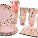 200 Pink Party Supplies - Disposable Dinnerware Set Serves 25, Gold Dots on Pink Paper Plates, Cups & Napkins, Wooden Knives, Spoons & Forks for Baby Shower, Wedding or Bridal Shower (w045)