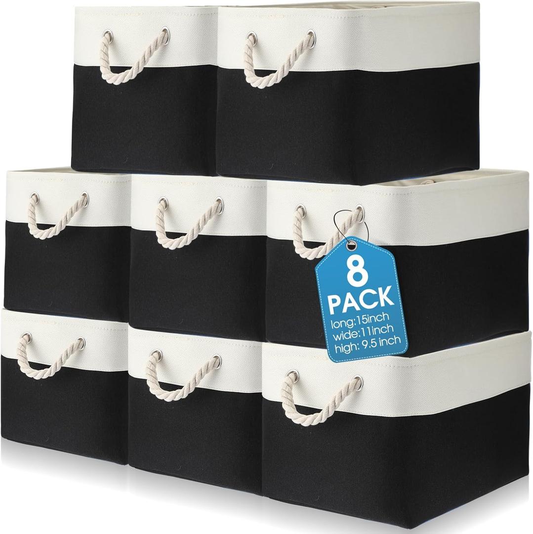 meekoo 8 Pack Collapsible Storage Bins Fabric Storage Bins Polyester Fabric Baskets with Handles Linen Closet Organizer for Shelf Home Closet Towels Toys(15 x 11 x 9.5 in,Black White)