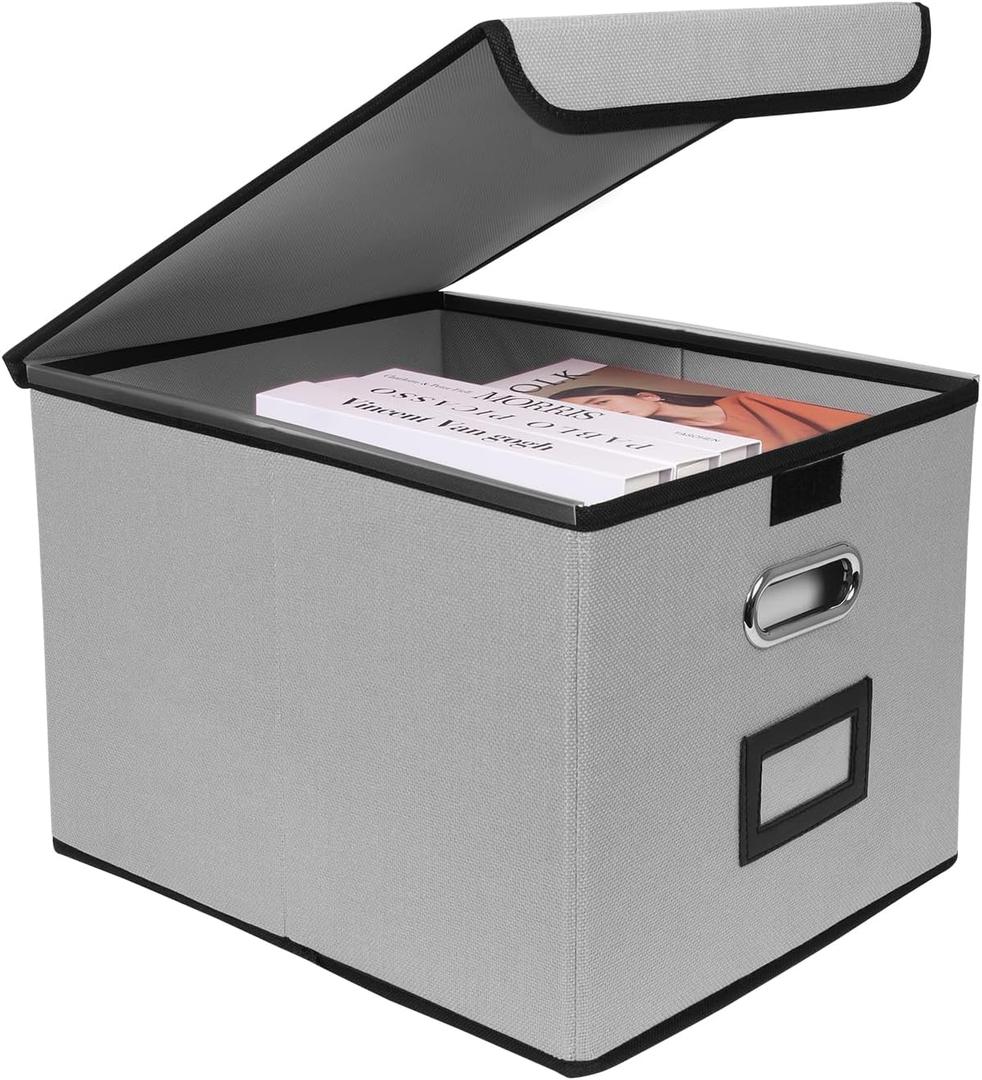 File Storage Box with Lid, Foldable Portable Document Organizer with Handle, Perfect for Home/ Office/ File Organization(Grey)