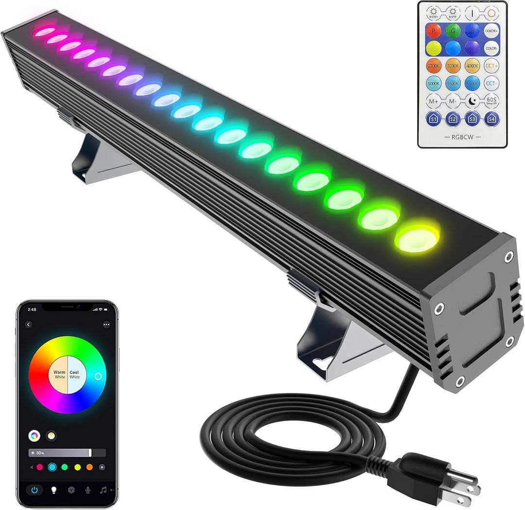 Smart Outdoor RGBCW LED Light Bar 20, Color Changing Wall Washer with App & Remote Control, 2700K6500K Tunable White Floodlight, IP65 RGB Stage/Porch Lights for House, Music Sync,, 20" Adjustable Color