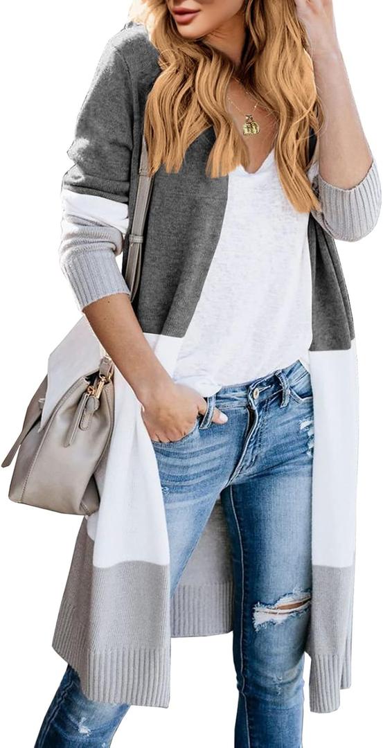 Lovaru Womens Boho Open Front Cardigan Colorblock Long Sleeve Loose Knit Lightweight Sweaters (Small, Z-dark Grey)