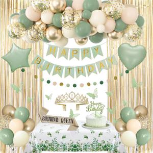 Sage Green Birthday Decorations for Women Girls, Nude Neutral Sage Green Foil Balloons Table Cloth Sash Crown Fringe Curtains Happy Birthday Banner Circle Garland Butterfly Cake Topper Party Supplies