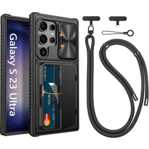Vihibii for Samsung Galaxy S23 Ultra Case with Crossbody Lanyard Strap, Build-in Card Holder (4 Cards) & Sliding Camera Cover & Kickstand, Shockproof Rugged Hard Back & TPU Edge Wallet Case, Black