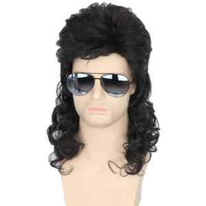 Topcosplay Men's 80s Mullet Wig - Black Curly Male Wig for Halloween Costumes, Punk Rocker Style
