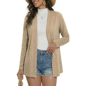 Long Sleeve Thin Cardigans for Women Lightweight Casual Loose Open Front Cardigan Soft Sheer Cover Up (Beige, L)