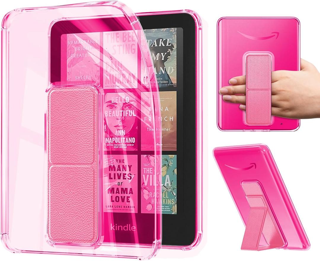 Clear Case with Stand for 7" All-New Kindle Paperwhite Cases 2024 (12th Gen) & Kindle Colorsoft Signature Edition | Anti-Yellowing, Ultra Slim Scratch-Proof Kindle Cover with Left-and-Right Hand Strap (C-Rose Red)