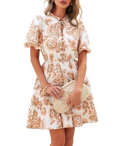 BTFBM Women Summer Floral Short Dresses V Neck Short Sleeve Tiered Ruffle Boho Swing Dress A-Line Mini Dresses(White Apricot Floral,Large) Size L