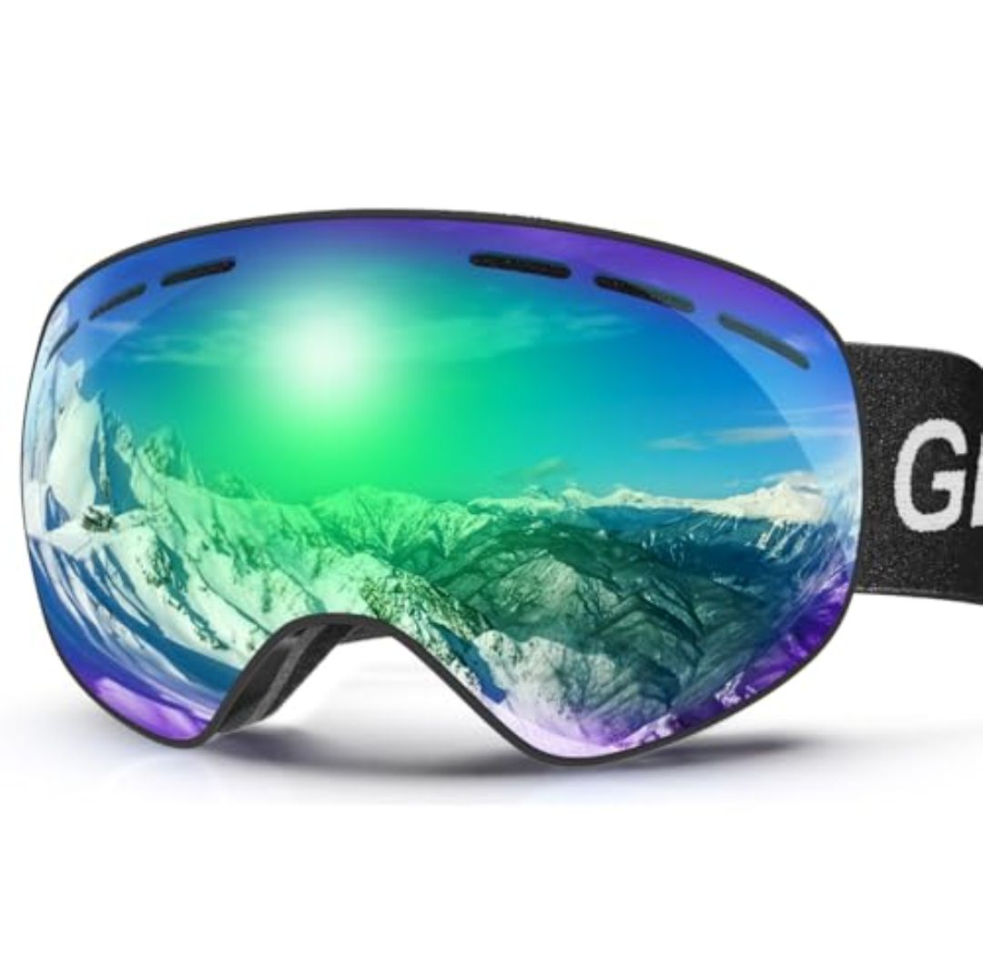 GlaRid OTG Ski Goggles PRO, Frameless 100% UV Protection Anti Fog Ski Goggles Men, Snowboard Goggles Men/Women/Adult/Youth (Blackframe Revo Greenlens Vlt8-18%)