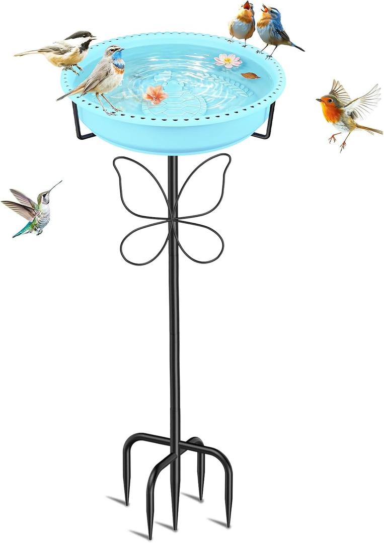 37In Bird Bath for Outside, 2-in-1 Birdbath & Birdfeeder with Detachable Plastic Bowl, Metal Butterfly Stake & Sturdy 5-Pronged Base for Outdoor Garden Yard Decor (Blue)