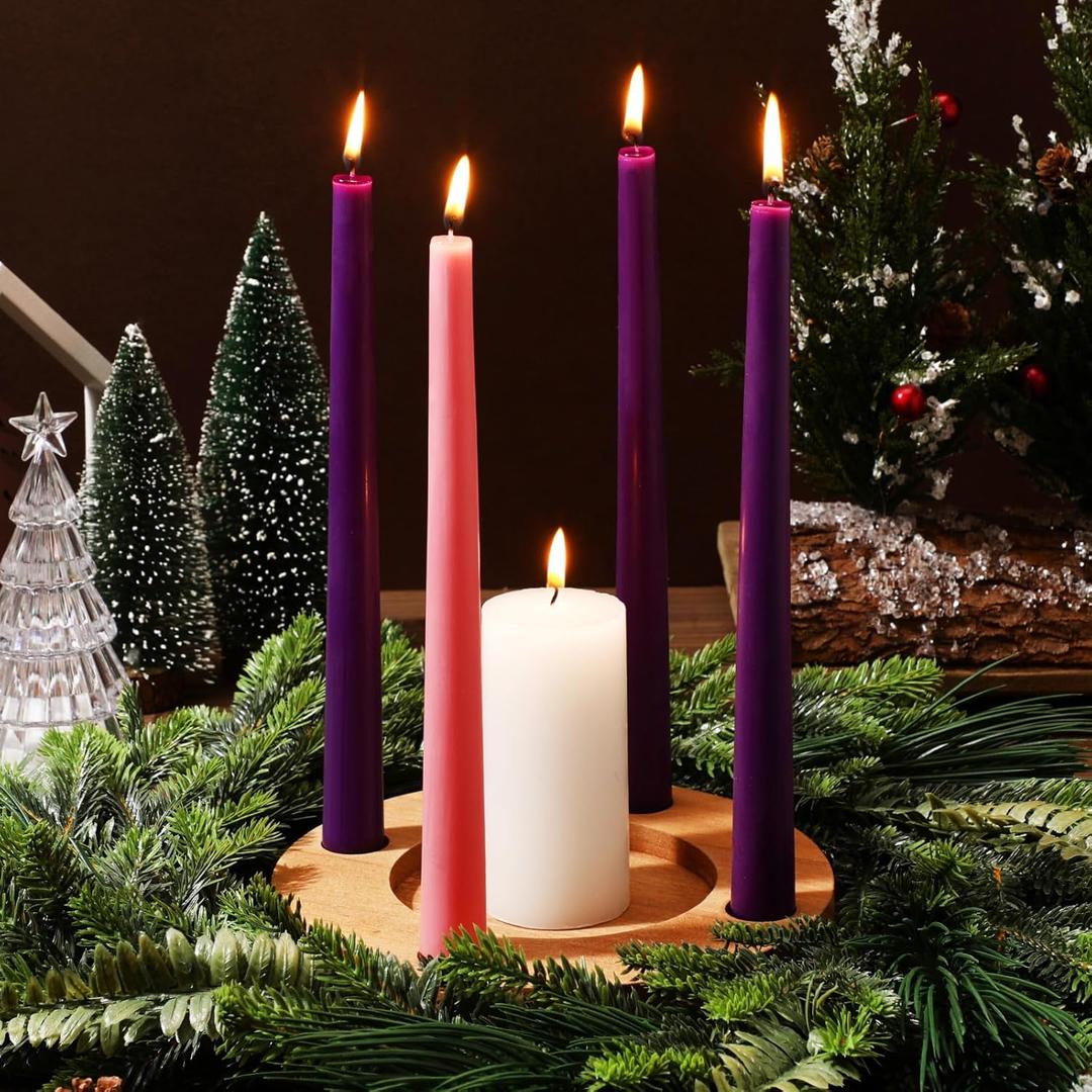 Mumufy 6 Pcs Advent Candle Holder Set Nativity Christmas Centerpiece Religious Decorations Rustic Wooden Advent Candlestick Holders with Purple Pink Taper Candles for Thanksgiving Christmas Nativity