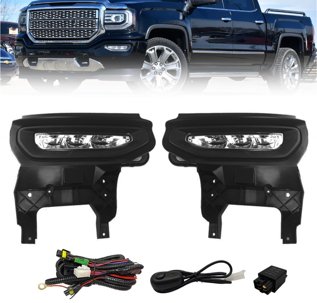 Fit for 2016 2017 2018 GMC Sierra 1500 LED Bumper Driving Fog Lamp Lights Pair Left + Right w/Switch and Harness (LED Version)