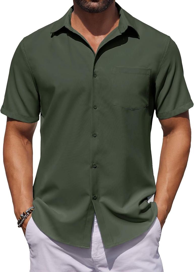 COOFANDY Mens Button Down Shirts Short Sleeve Stain Shield Dress Shirts Business Casual Shirt with Pocket (Medium, Olive Green)