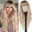 Ombre Blonde Wig with Bangs Long Wavy Wig Platinum Blonde Wigs for Women 26 Inch Blonde Highlight Wig with Dark Roots Natural Synthetic Wigs Curly Hair Replacement Wig for Daily Party Cosplay Use
