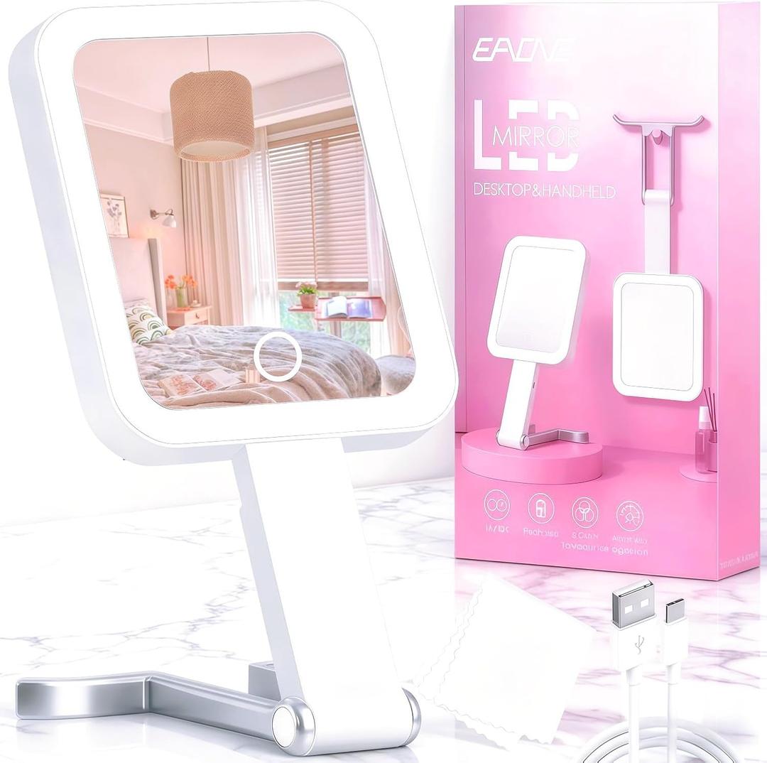 Travel Mirror with Lights, Magnifying Makeup Mirror 10X/1X Double Sided with 3 Color Lighting & Dimmable Touch Screen, Compact Handheld Cosmetic Vanity Mirror for Desktop Travel/Bathroom, Women Gifts (White + Silver)