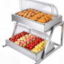 VEVOR Countertop Food Serving Display Container, 2 Tier Stainless Steel Food Salad Server Tray, Buffet Condiment Dispenser, Ice Cooled Rack with Clear Roll Top Cover, for Restaurant Hotel (1/1 Pan x2)
