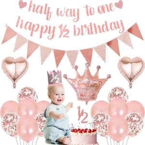 Half Way To One Decorations - 21 Pcs Rose Gold 6 Months Birthday Decorations Girls Happy 1/2 Birthday Banner Heart Foil Balloons Latex Balloon for Baby Shower Girls Party Supplies