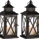 DECORKEY Lantern Decorative Indoor & Outdoor, 2 Pack Large Hanging Candle Lanterns Home Decor, Vintage Metal Candle Holders for Front Porch Patio Wedding Party, Halloween Christmas Decorations (Black) (Black / 14.8'')