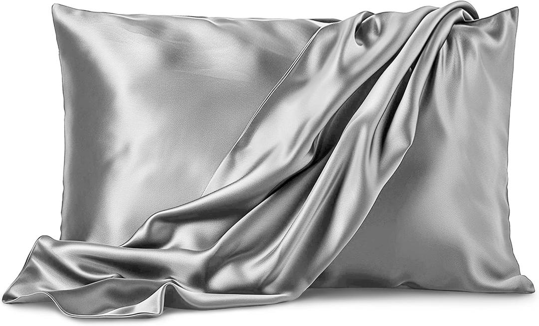 Pure Bedding Satin Pillowcase Pack of 2 - Queen Size (20"x30", Grey) - Silky Pillow Cases for Hair and Skin - Satin Pillow Covers with Envelope Closure - Extra Soft Premium Microfiber