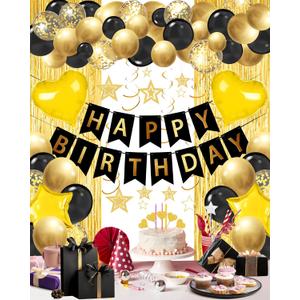 Lutoys Black Gold Happy Birthday Party Decorations, Happy Birthday Banner, Black Gold Foil Heart Star Confetti Balloons Curtain Backdrop Hanging Swirls Party Decor for Boys Men