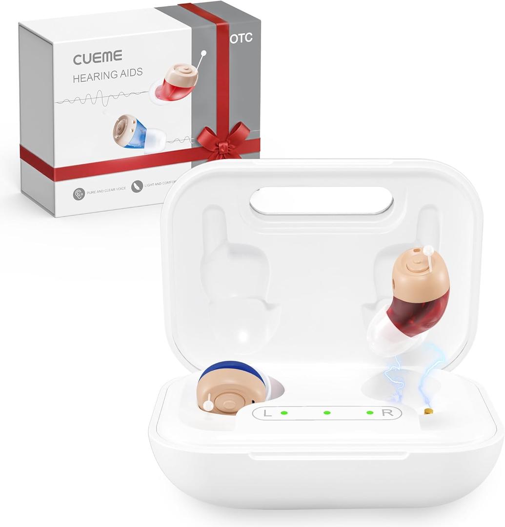 CUEME Hearing Aids - OTC Rechargeable Hearing Aids for Seniors, Clear Sound, Up to 48 Hours of Battery Life, 3 Sizes of Earbuds, Portable Charging Case Included, Automatic On/ Off
