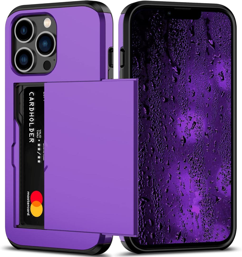 Nvollnoe for iPhone 13 Pro Case with Card Holder Heavy Duty Protective Dual Layer Shockproof Hidden Card Slot Slim Wallet Case for iPhone 13 Pro for Men&Women(Purple)